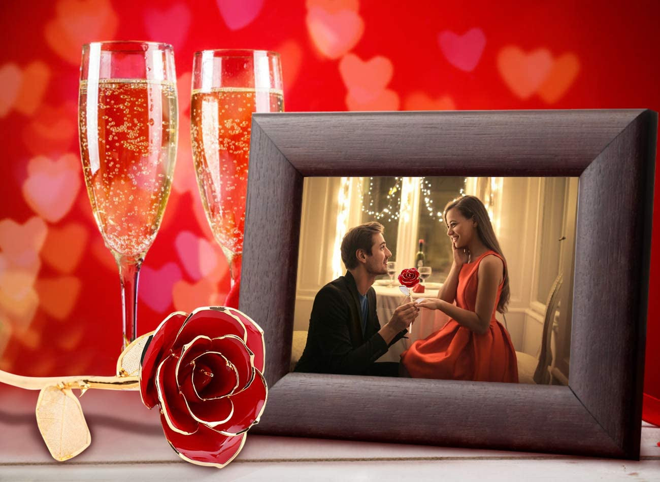 24K Red Rose Gold Leaf Christmas Her, Eternal Preserved Long Stem Rose with Golden Leaf, Valentine'S Day, Wedding Anniversary, Birthday, Graduation, Mother'S Day (Red Gold